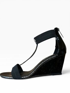 Donald J Pliner Palo Combo Stretch Ankle T-Strap Wedge Heel Sandals Black Sz 10